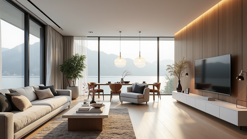 Ooghoogtebeeld van een moderne woonkamer met virtuele ontwerpoverlay.