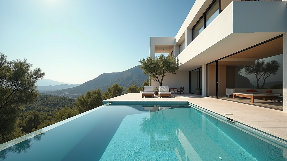 Ooghoogtebeeld van een moderne Spaanse villa met zwembad.