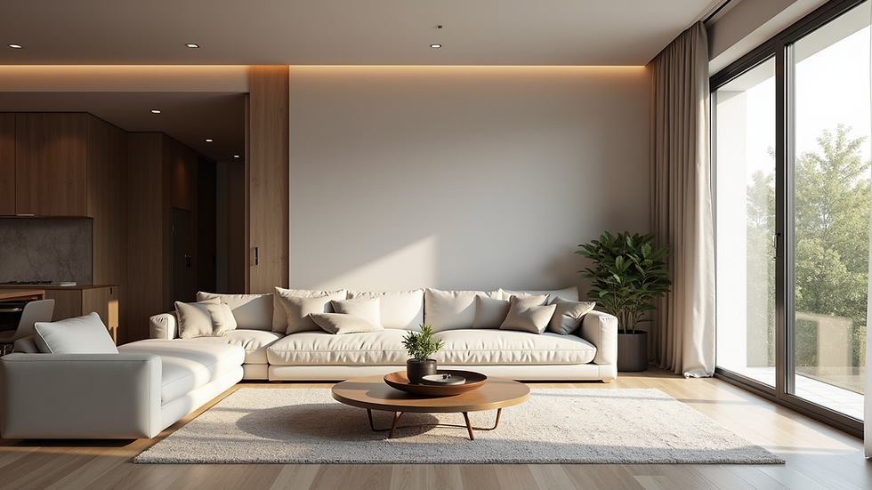 Een blik op ooghoogte in een moderne woonkamer, ontworpen met behulp van AI.