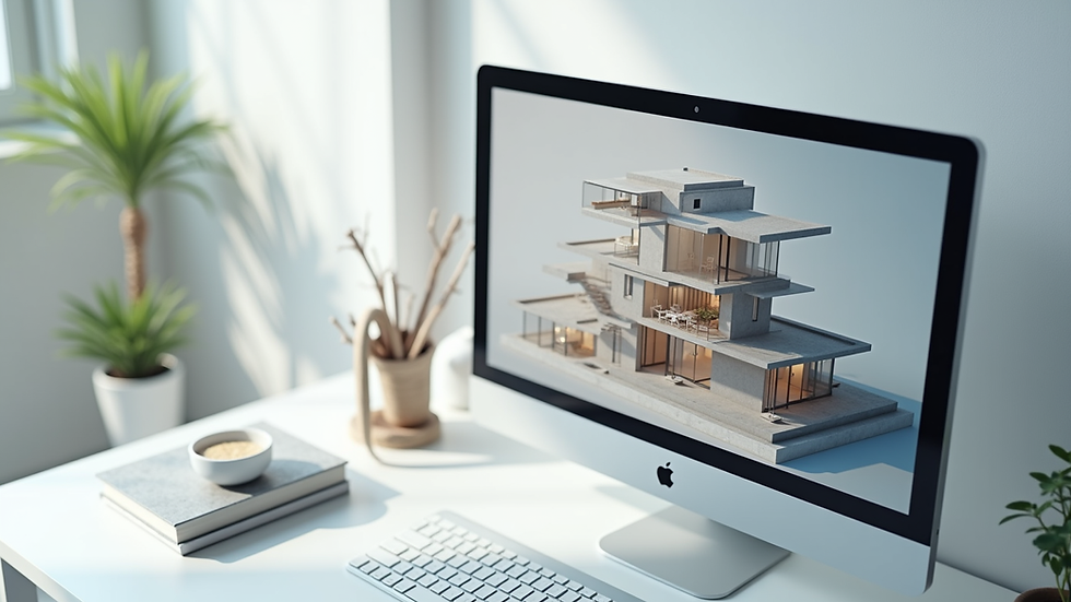 Een bovenaanzicht van een 3D-architectuurvisualisatie op een computerscherm.