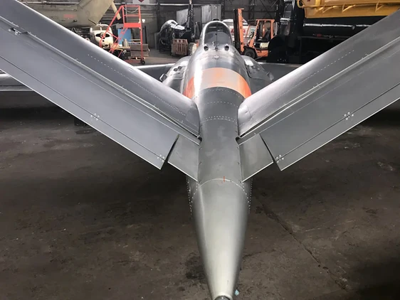 The spectacular V-tail of the Fouga Super Magister CM.170R after its restoration by the Ulster Aviation Society, here in January 2023. Image: Mark J. Cairns