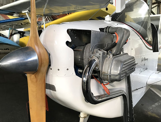 Aerosport Scamp engine and propellor close-up, after its new white paint scheme by Ian Hendry at the Ulster Aviation Society. Image: Mark J.Cairns