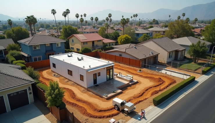 High angle view of a construction site for an ADU in a residential neighborhood