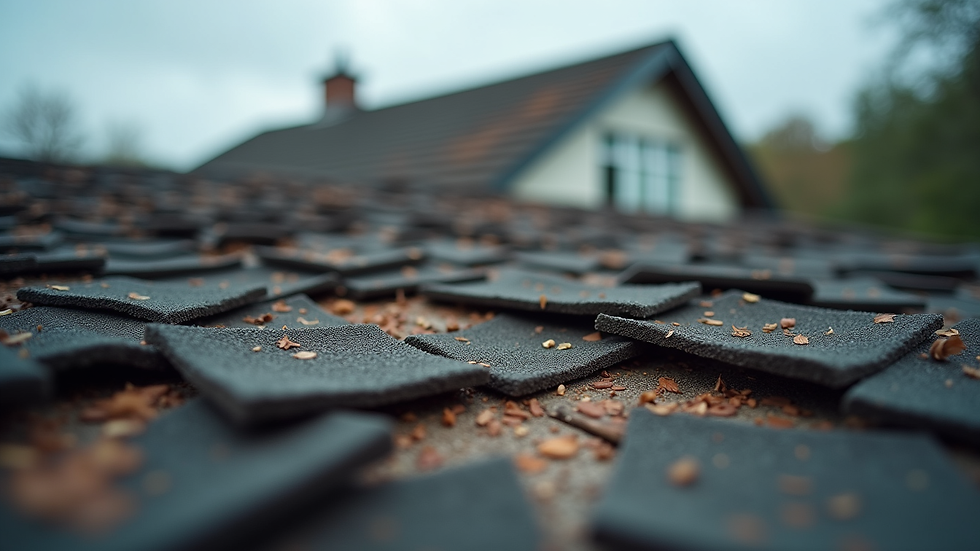 Close-up view of a damaged roof with missing shingles after a storm