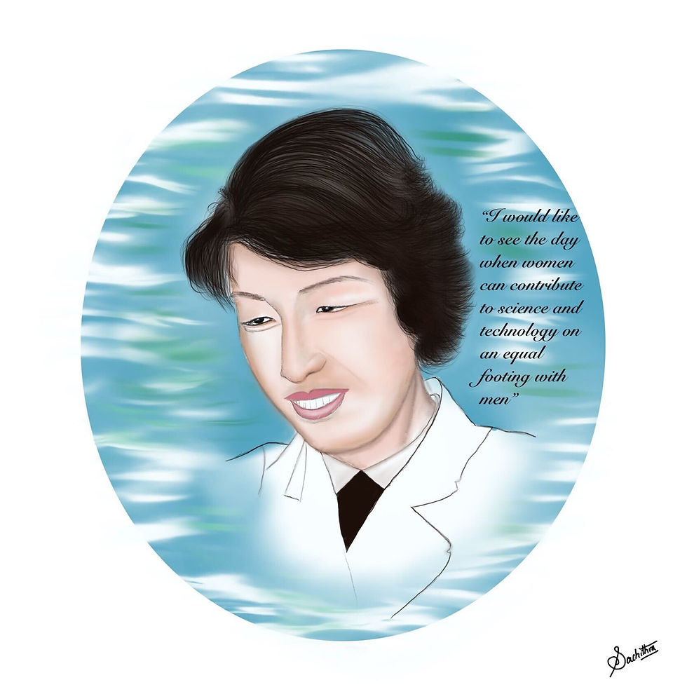Illustrated portrait of Dr. Katsuko Saruhashi looking down and to the left. She wears a lab coat over a collared shirt and black sweater. The background looks like the ocean, and a quote by Dr. Saruhashi is to the right of her portrait. It reads "I would like to see the day when women can contribute to science and technology on an equal footing with men."