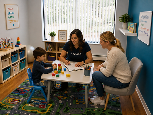 ABA therapist working with a child to develop positive behaviors, communication, and coping skills through individualized behavior intervention strategies.