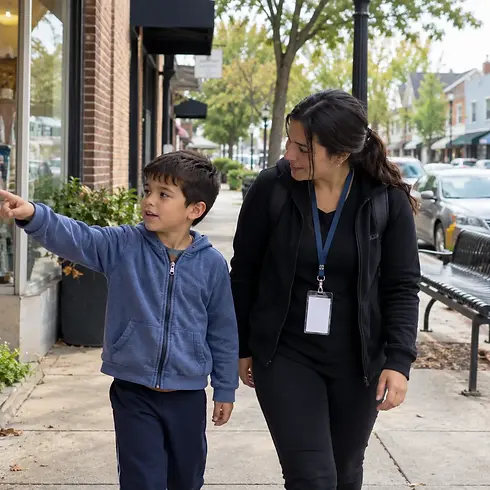 ABA therapist helping a child with autism develop social skills, communication, and independence through community-based ABA therapy activities.