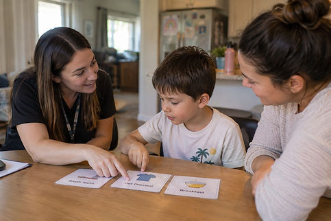 ABA therapist guiding a parent and child through visual routines at home to support behavior management and daily living skills for children with autis