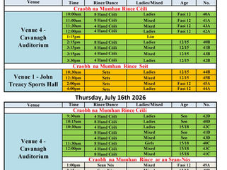 Fleadh Cheoil na Mumhan Dancing Timetable