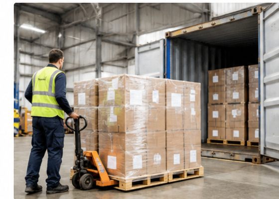 Palletised cargo being loaded into a shipping container