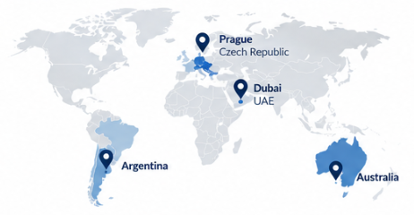 Map showing GE International Forwarding offices in Prague, Dubai, Argentina and Australia