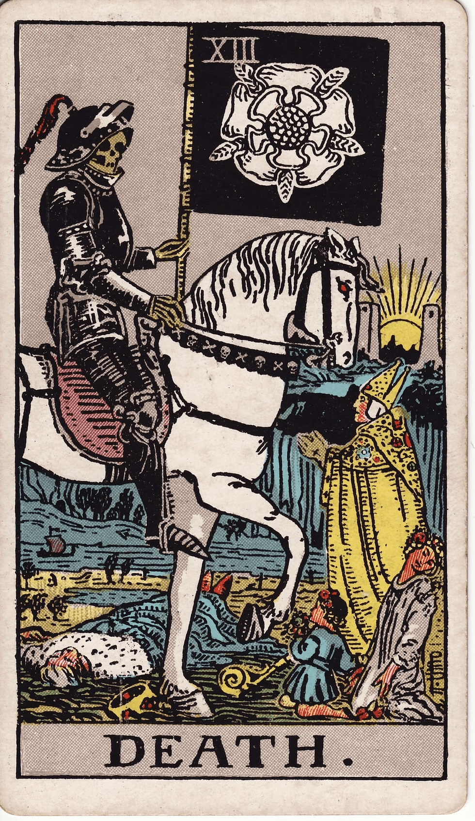 Death tarot card from the Rider-Waite deck showing a skeleton in black armour riding a white horse, with the sun rising between two towers in the background
