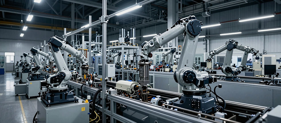 Automated car parts robotic arms performing precision assembly on a manufacturing line