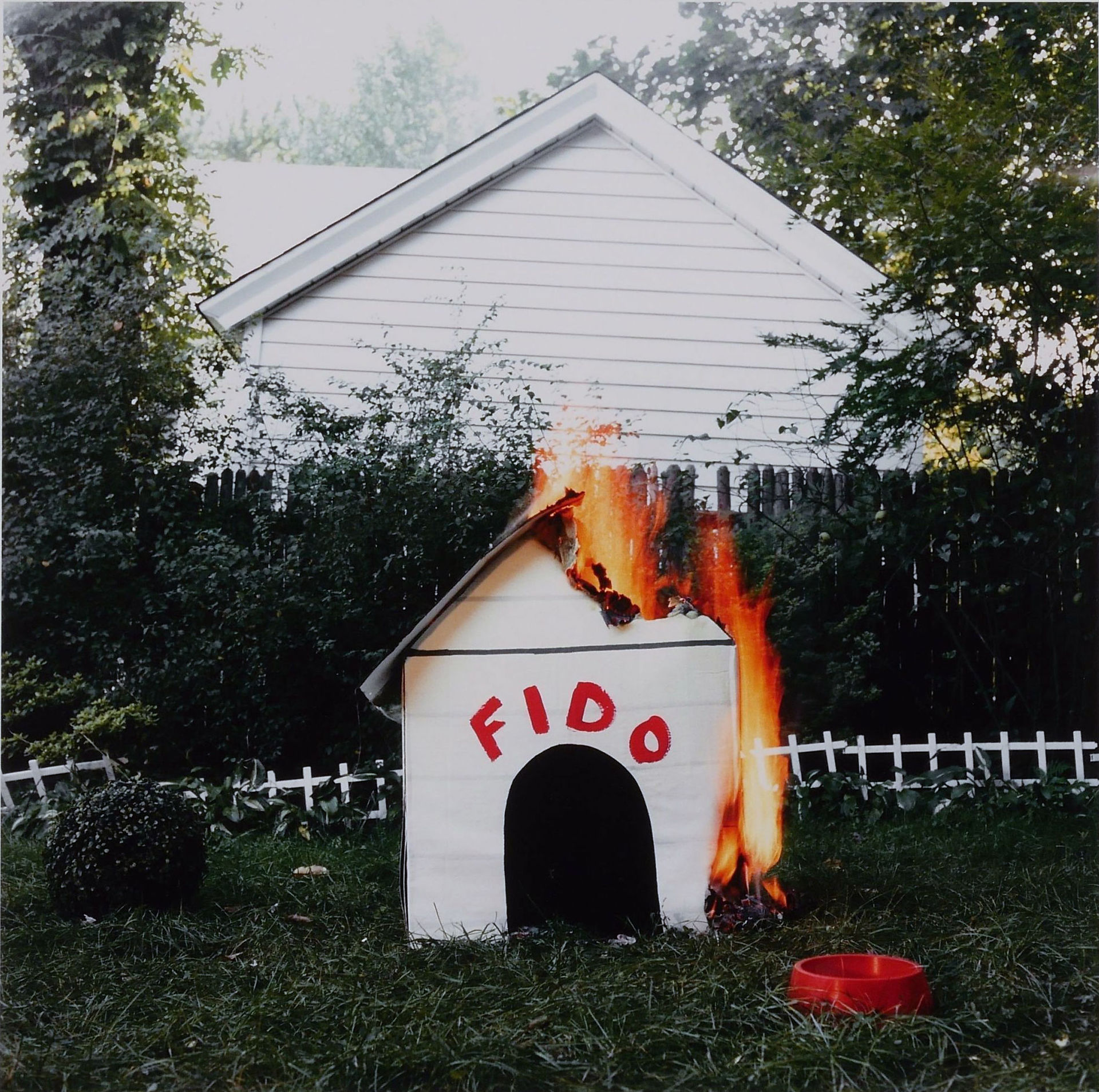 Pop art; Doghouse on fire; Fido classic dog name of the Baby Boomers is on a doghouse burning; symbolism