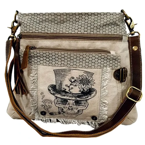 Clea Ray Canvas Shoulder Bag with Skull and Hat Biker Boutique