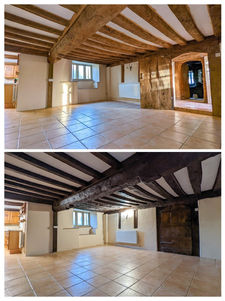 Before and after image showing timber beams. Top half if images shows the new cleaned lighter beams and the bottom half shows the darker original beams