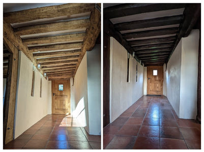 before and after of a long hallway with exposed beams. 