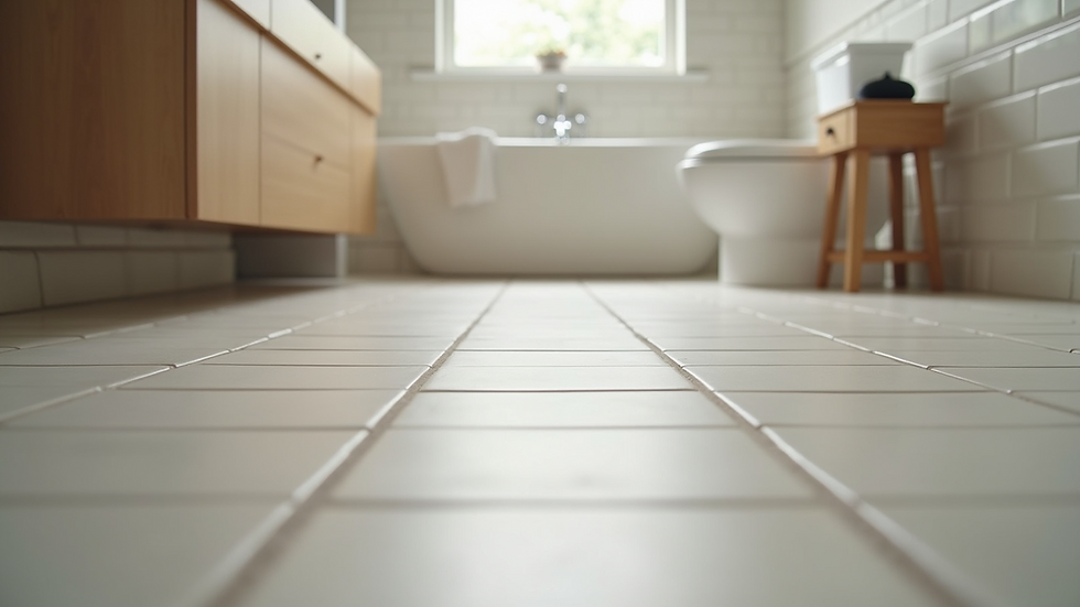 Eye-level view of elegant bathroom floor with porcelain tiles