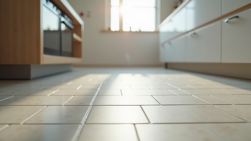 Close-up view of porcelain tile flooring in a kitchen
