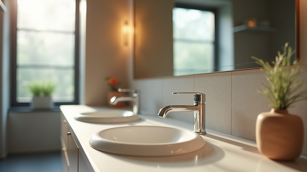 Close-up view of bathroom vanity with organized storage and modern fixtures