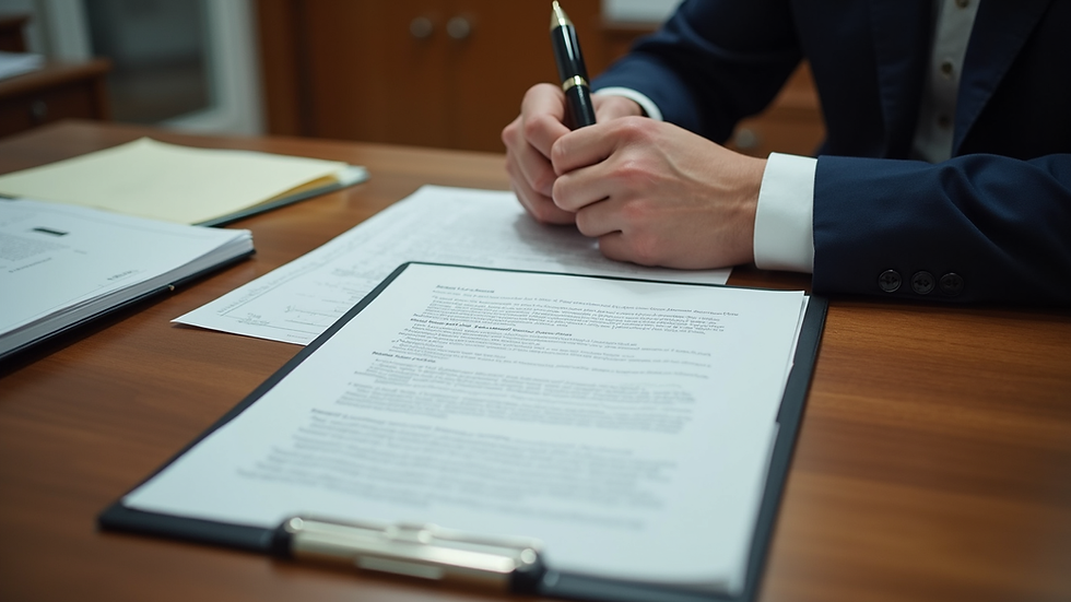 High angle view of a notary's desk with digital tools and documents