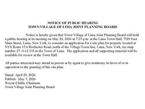 NOTICE OF PUBLIC HEARINGTOWN/VILLAGE OF LIMA JOINT PLANNING BOARD
