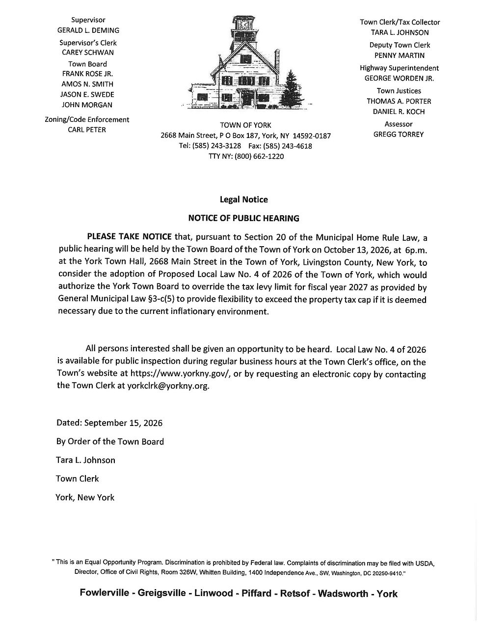 LEGAL NOTICE OF PUBLIC HEARING: TUESDAY, OCTOBER 13th @ 6pm