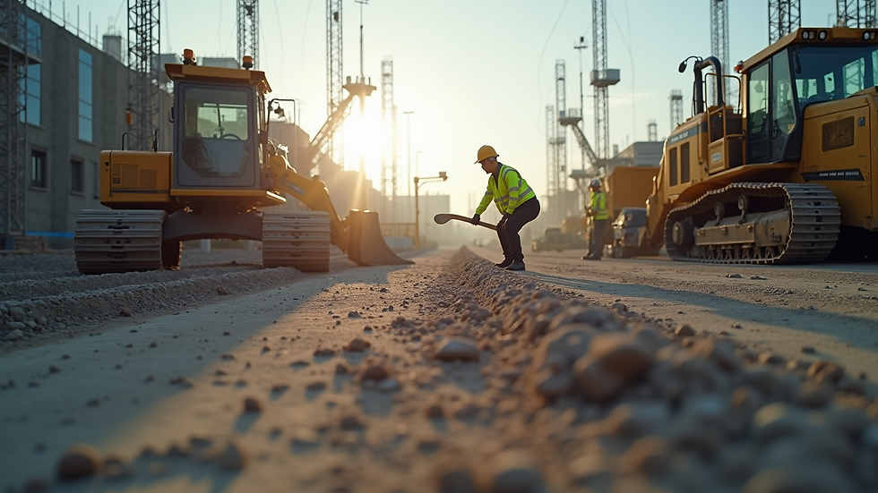 Eye-level view of a construction site with workers and machinery