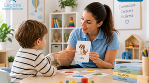 Logopedista durante un’attività sul linguaggio con un bambino – Ritardo del linguaggio Studio Legàmi