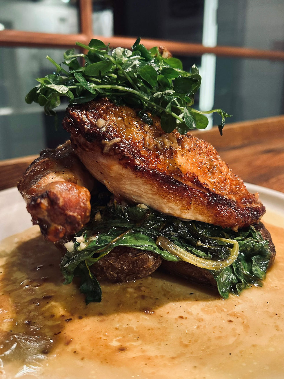 dining wolfeboro - crispy chicken with petite greens