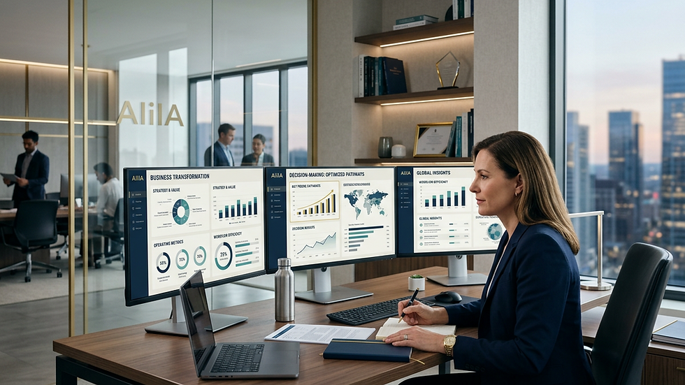 Eye-level view of a modern office workspace with AI data dashboards on screens