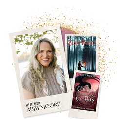 Author Abby Moore alongside two of her books: Blood Worthy & The Court of Unforgiving Gods