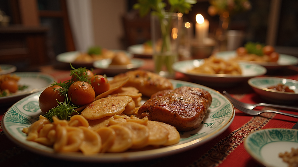 Eye-level view of a traditional Middle Eastern dinner setting