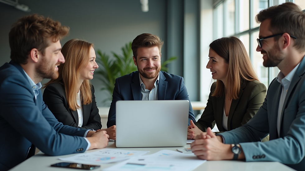 Close-up view of a digital marketing team brainstorming in a modern office