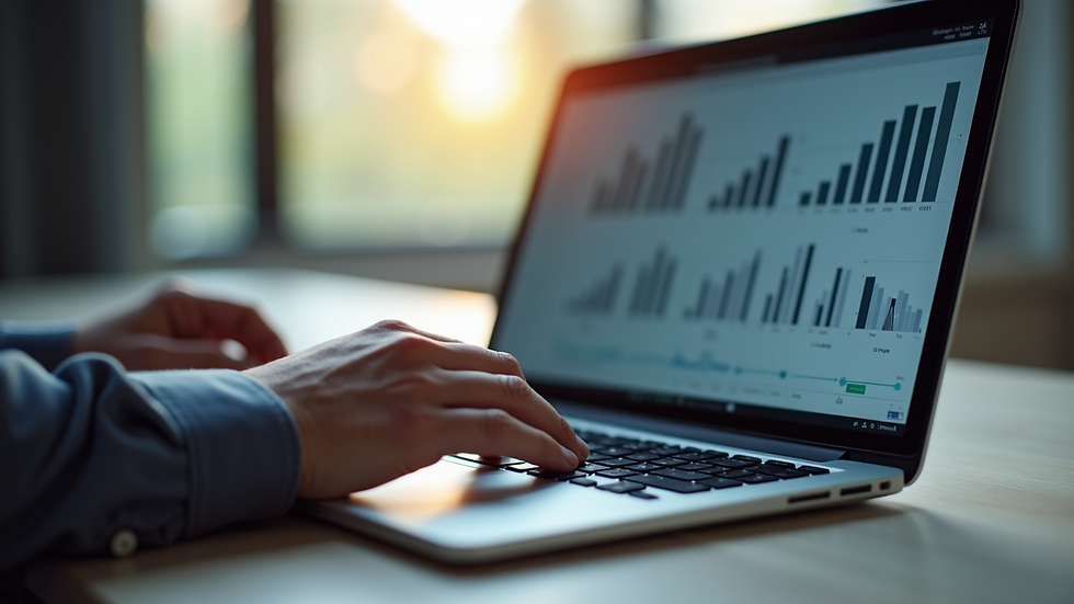 Close-up view of a marketer analyzing digital campaign data on a laptop in an office setting