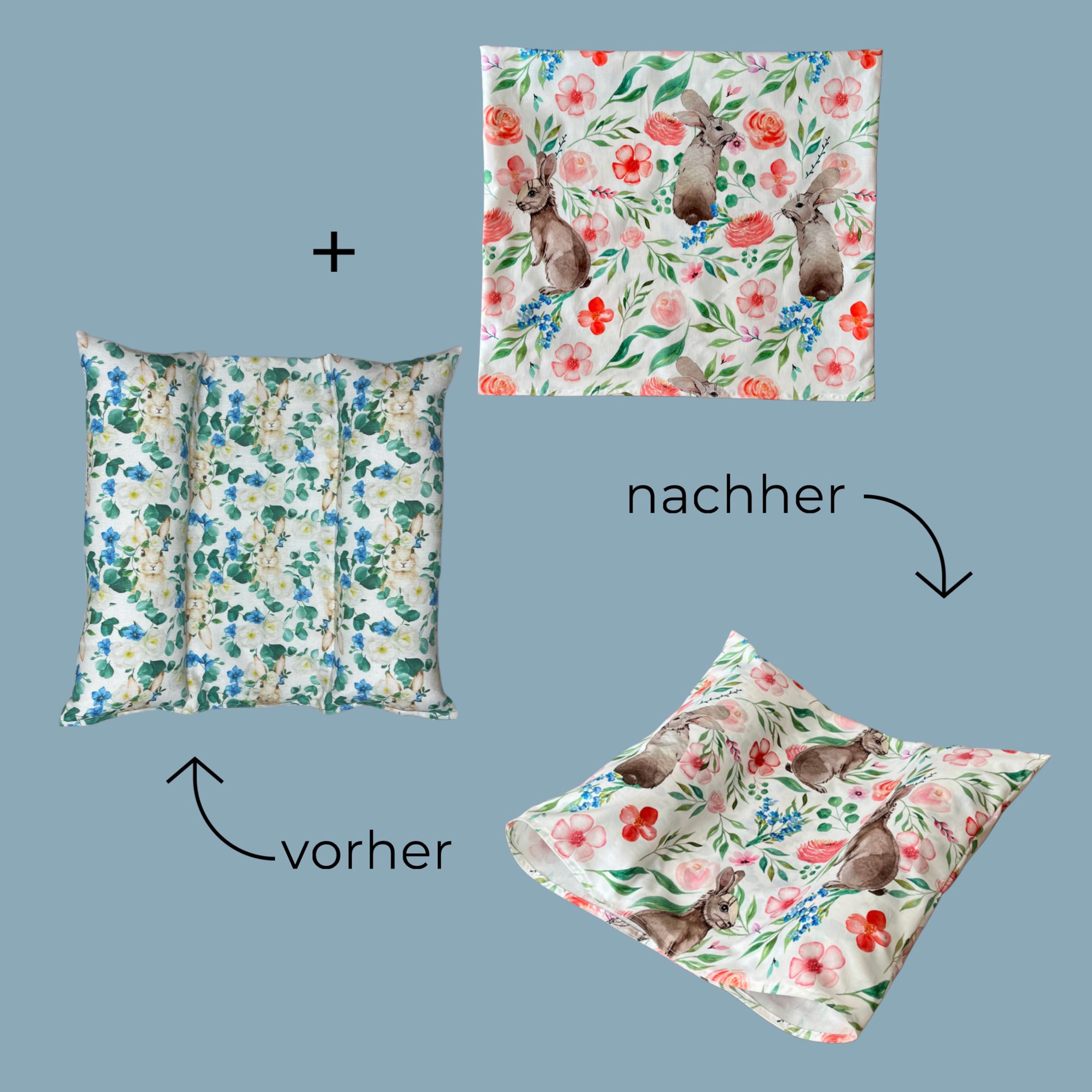 Vorher-Nachher-Vergleich einer Plumpsi-Hülle für Kaninchenbett – Austauschbare Notfallhülle aus Baumwolle übergezogen für fri