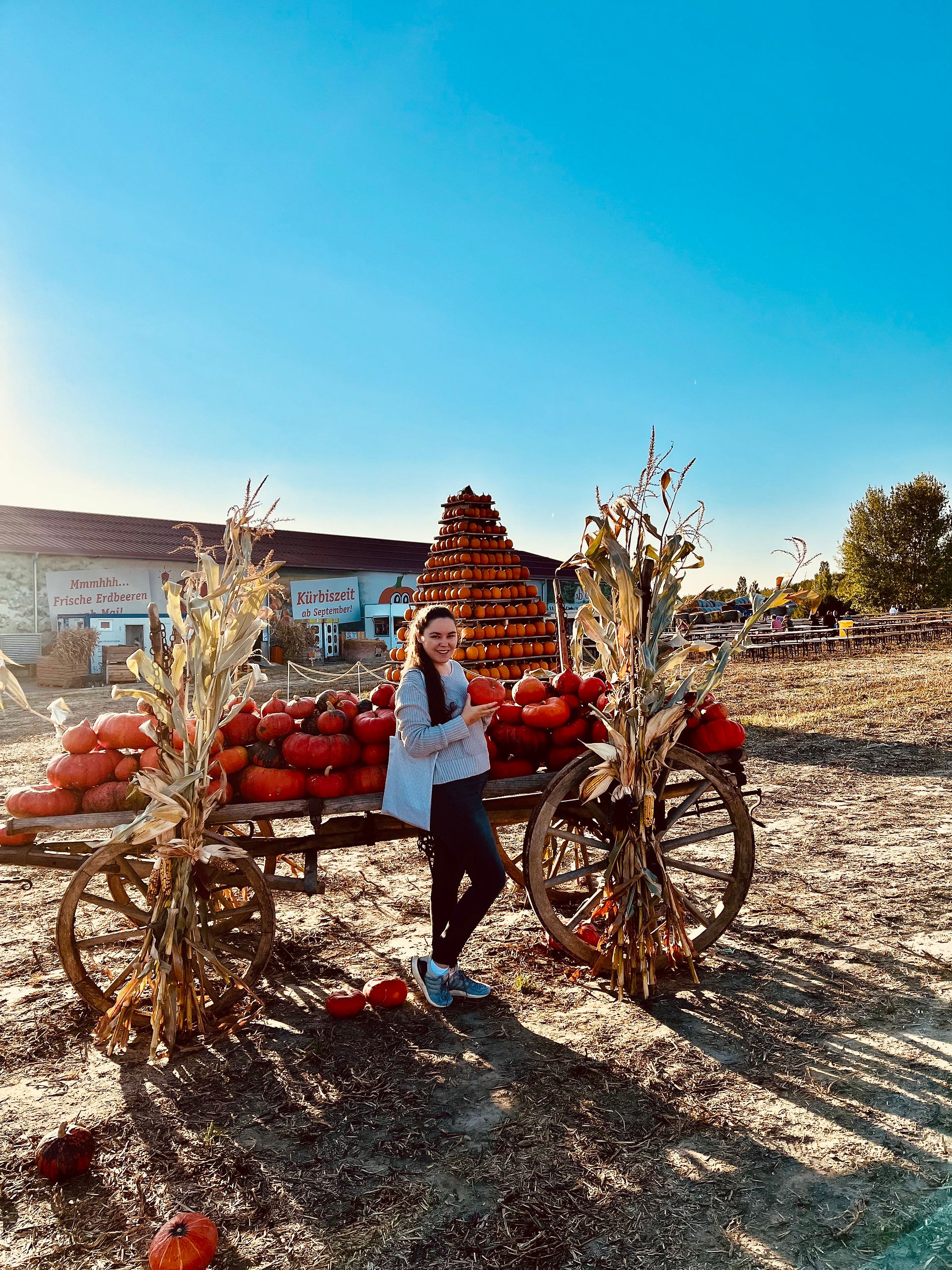 Eine Frau am Kürbishof Wunderlich mit Kürbis in der Hand mit herbstlicher Kulisse