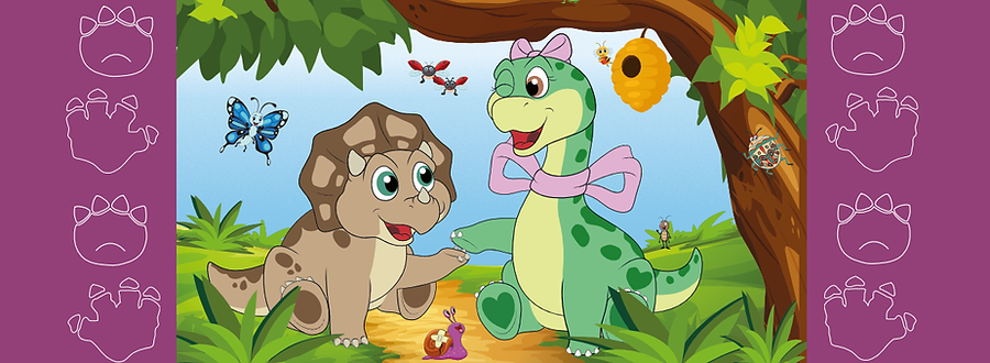 A colorful illustration shows Feodora, a green dinosaur girl wearing a pink bow, and Gino, a small brown triceratops, happily chatting together. They are in a natural setting with green grass, a tree with a beehive, and various insects, including butterflies, ladybugs, and a snail with a small bandage. The scene has a friendly and playful feel.