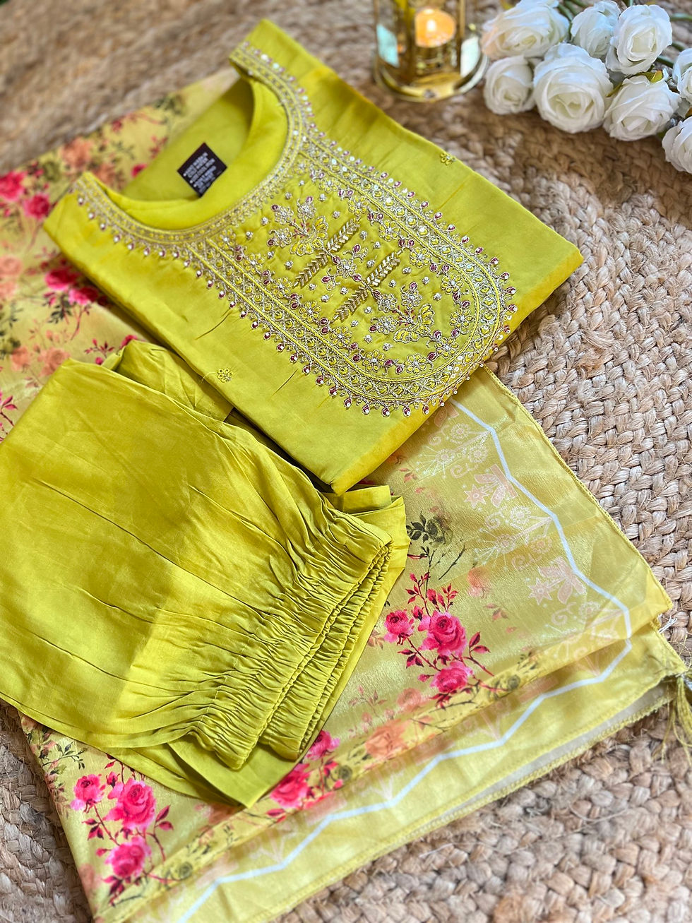 Thumbnail: Women kurta set with pant ,digital printed dupatta&hand embroidery 