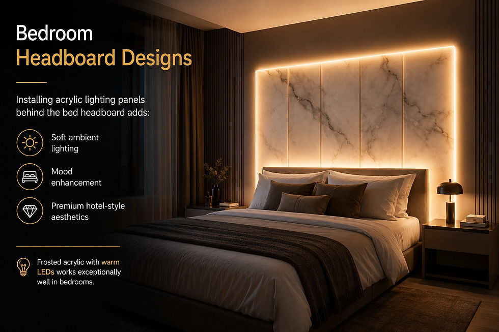 Bedroom with soft ambient lighting from acrylic panels behind the headboard. Text highlights mood enhancement and hotel-style aesthetics.