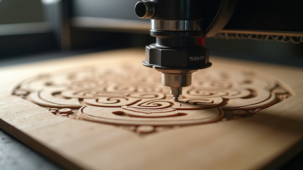 Close-up view of CNC machine carving intricate patterns on a wooden board