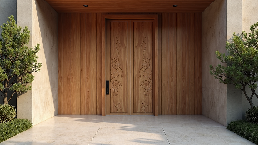 Eye-level view of villa entrance with CNC carved wooden facade panels