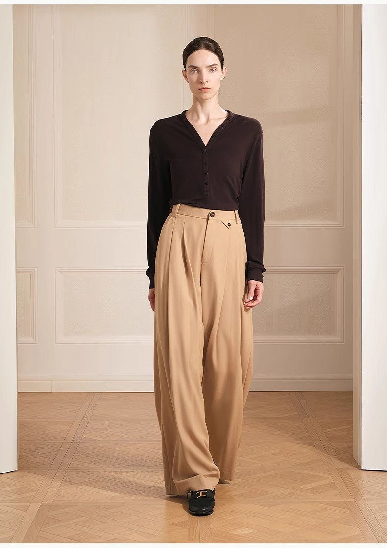 Miniatura: Merino Wool Blended Double Pleated Wide-Leg Pants for Women