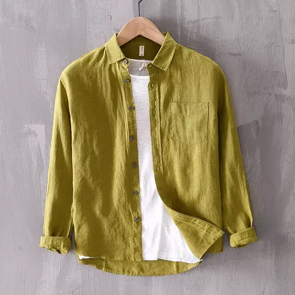 Miniatura: New Designer Solid Linen Brand Shirt Men Fashion Casual Green Shirts