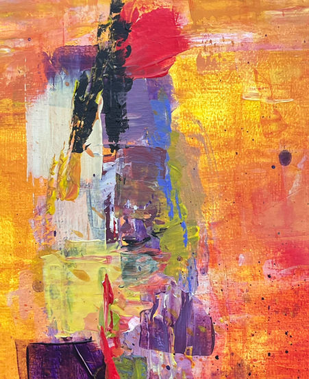 Détail de couleurs vives rouge jaune violet dans la peinture abstraite Métamorphose incandescente.