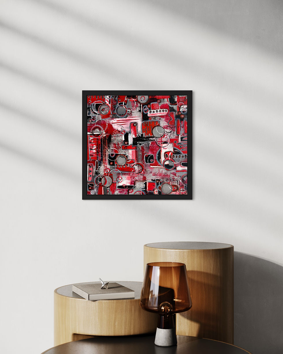 Thumbnail: tabeau abstrait acrylique rouge et noir accroché au mur d'un cabinet médical avec une décoration minimaliste