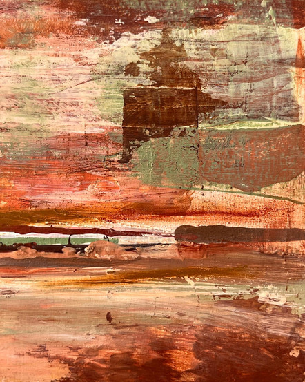 la métamorphose du chaos, peinture abstraite de vb-arts représentant un payage urbain en pleine transfomation après le chaos. Gros plan sur les textures brunes et beiges grattées de la peinture montrant les couches superposées de couleur.