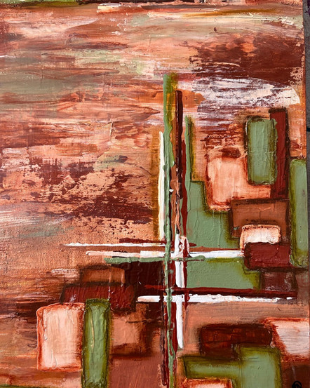 Détail des lignes blanches et vertes qui se croisent au centre de « La métamorphose du chaos », créant une structure géométrique dans ce tableau abstrait par Virginie BERGAR vb-arts