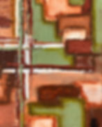 Peinture abstraite « La métamorphose du chaos » avec fond texturé brun et ocre, lignes blanches verticales et horizontales, e
