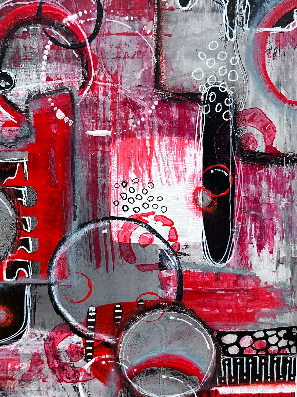 Thumbnail: petit zoom du tableau en rouge et noir avec les effets de textures laissés par les pinceaux et outils